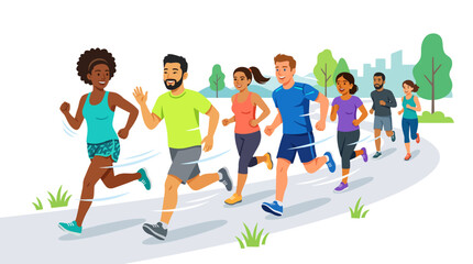 Obraz premium Diverse Group of People Jogging and Running in a Sunny City Park Flat Vector Illustration