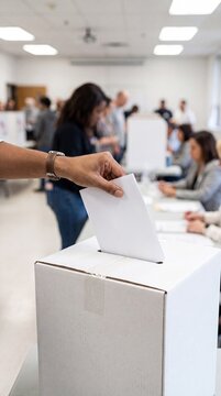 Close-up of a voter placing a ballot into a ballot box at a polling station during an election, symbolizing democracy, civic participation, voting rights, and the electoral process