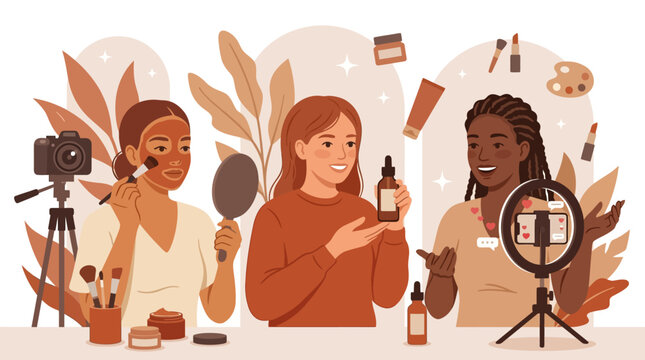 Diverse women passionately create engaging beauty and lifestyle content, sharing makeup tutorials and product reviews for their growing online audience.