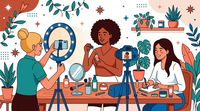 Three diverse women collaborate on a vibrant beauty and lifestyle content creation project, filming and reviewing products for their online audience in a cozy, plant-filled studio.