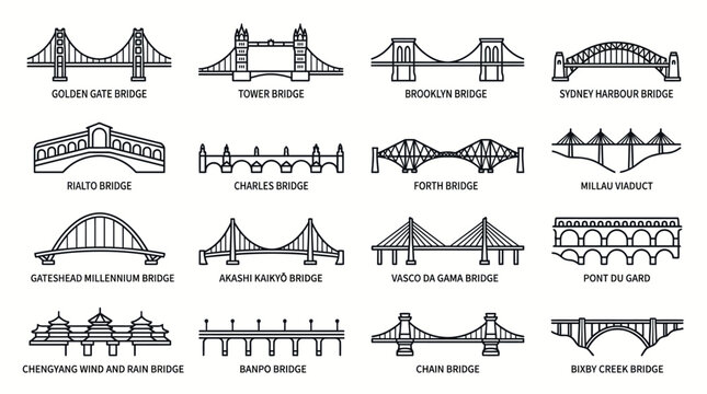 Set of hand drawn sketches of famous world bridges icons.