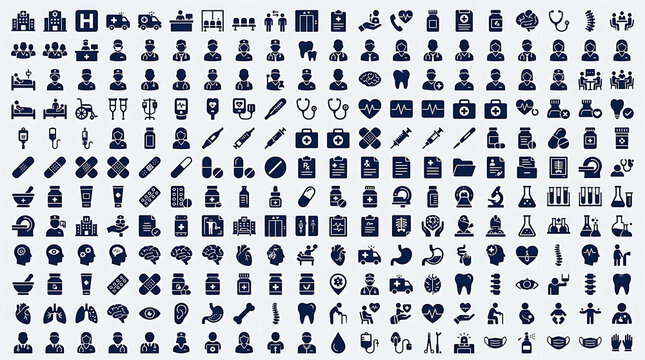 Icons showing medical diagnostic tools and human anatomy are organized in a clean blue grid.