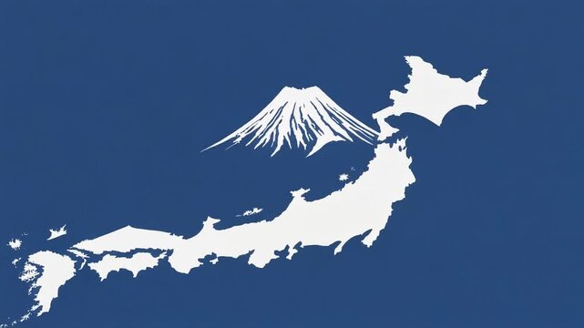 Stylized Japan Island Silhouette Map with Iconic Mount Fuji Snow-Capped Peak Rising Prominently