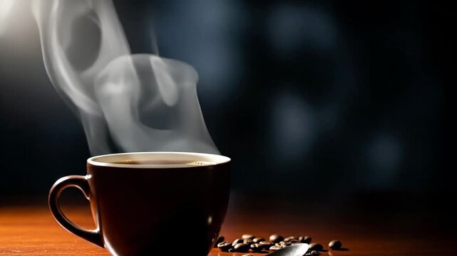 A steaming cup of coffee on a wooden table with beans nearby.