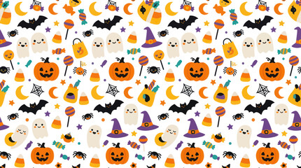 Fototapeta premium Halloween Pattern: Cute Ghosts, Pumpkins, Bats, and Candy - Vector Art