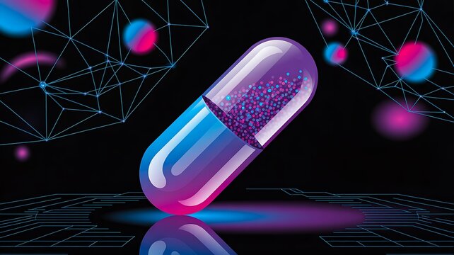 Futuristic medicine capsule with molecular network representing pharmaceutical science and medical innovation