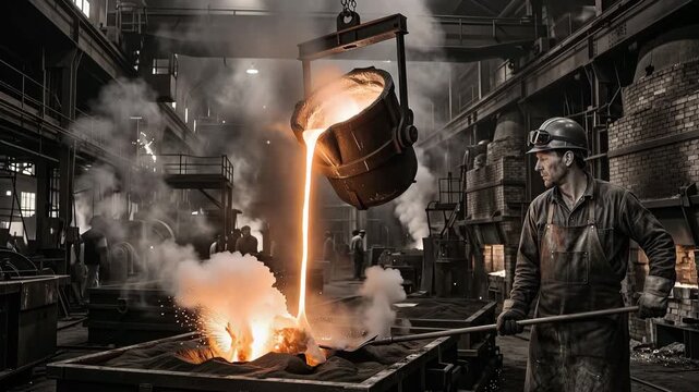 Foundry worker oversees molten metal pouring into a sand mold, creating dynamic fiery figure in industrial factory.