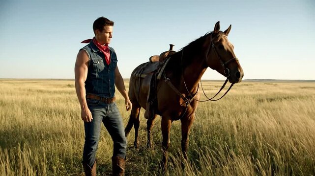 Cowboy and his horse standing in a field of tall grass at sunset, a beautiful bond between man and animal.