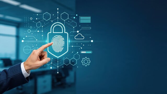 Futuristic cyber security concept with digital fingerprint lock icon, biometric authentication technology protecting data privacy