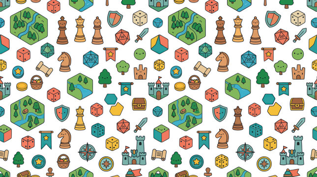 Cute Fantasy Adventure Game Icons Seamless Pattern - RPG Elements, Dice, Castles, Chess Pieces