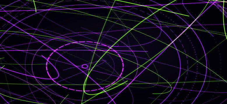 Green purple neon orbit circular trajectory line texture. Glowing astronomical curve, futuristic science scifi mood. Stunning graphic for space documentary intro, tech presentation. 3d art.