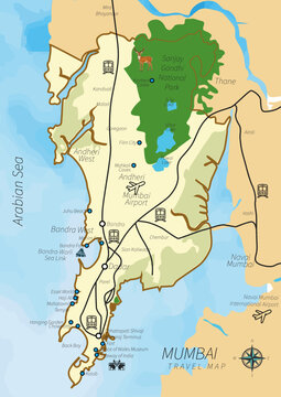Mumbai Travel Map Illustration with Landmarks, Airport, Railway and Tourist Attractions