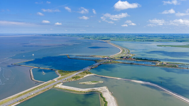 Aerial view of the Fish Migration River at the Afsluitdijk in the Netherlands