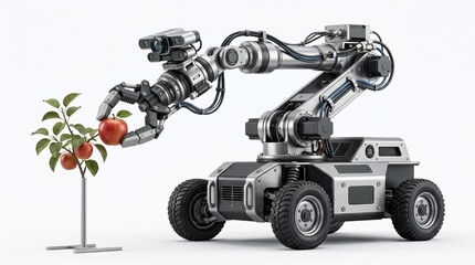 Obraz premium Autonomous fruit harvesting robot isolated on a white background with realistic details and studio lighting. Perfect for smart agriculture and orchard automation.