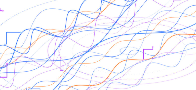 Vibrant orange blue and purple wavy lines blending with geometric orthogonal shapes. Abstract chaotic digital data thread network background overlay. Transparent PNG cutout element.