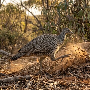 Malleefowl standing in the Australian outback during golden hour