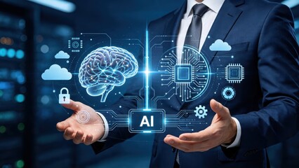 Fototapeta premium Artificial intelligence concept with brain and circuit board, futuristic technology, neural network, machine learning, deep learning algorithm, digital transformation