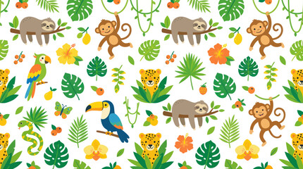Fototapeta premium Cute Cartoon Tropical Jungle Animals Seamless Pattern with Sloths, Monkeys, Leopards, Birds Leaves Flat Vector Art