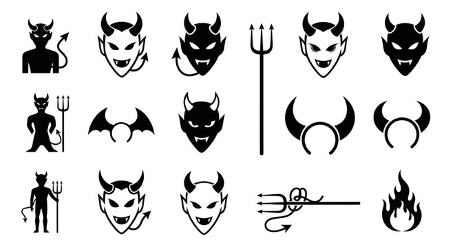 A collection of devil icons and symbols on a white background.