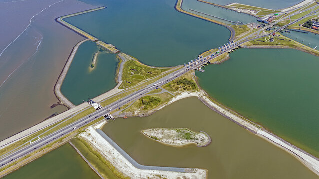 Aerial view of the Fish Migration River at the Afsluitdijk in the Netherlands