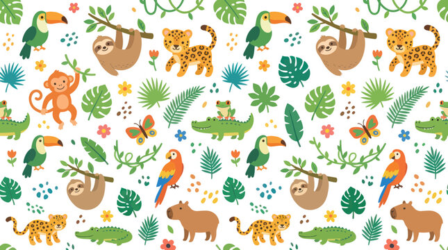 Cute Cartoon Jungle Animals Seamless Pattern. Tropical Wildlife  Rainforest Leaves Flat Vector Illustration for Kids.