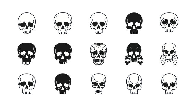 A collection of various skull illustrations in different styles and designs are displayed.
