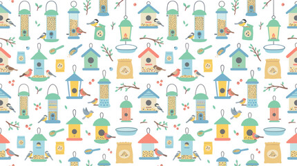 Fototapeta premium Seamless Pattern of Cute Bird Feeders and Birds, Flat Style Vector Illustration
