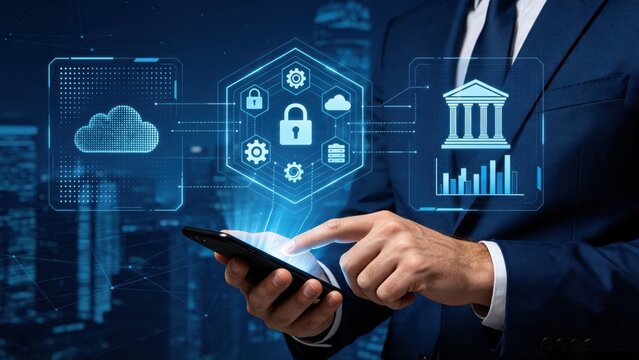 Businessman using smartphone with fintech security icons, cloud computing, banking system, data protection, cybersecurity concept, digital finance management