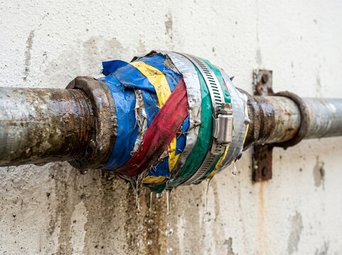 Technical Debt Concept: Leaking Pipe Joint Wrapped in Many Overlapping Tape Layers