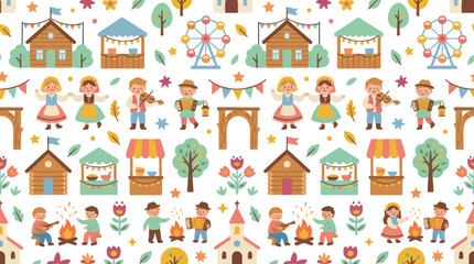 Fototapeta premium Cute Fairytale Village Seamless Pattern: Kids, Carnival, Music, Food Stalls, Houses