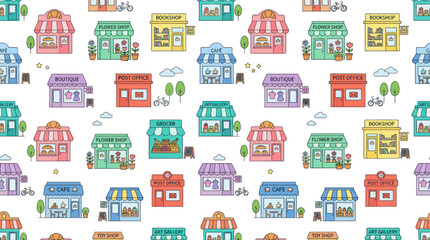 Fototapeta premium Cartoon Flat Outline Illustration Seamless Pattern: Diverse Retail Shops Small Business Storefronts