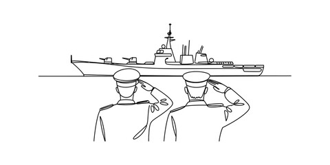 Two military officers in uniform saluting a large naval warship at sea © Kanu Art_Gallery