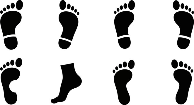 A collection of eight black footprints walking across a white surface