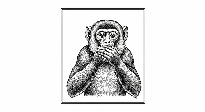 Vintage Monkey Covering Mouth, Illustration of Three Wise Monkeys Concept