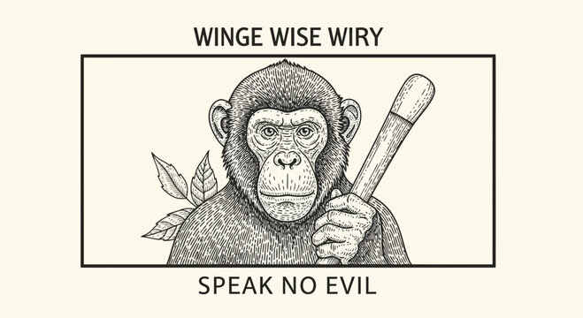 Wise Monkey Holding Club, Speak No Evil, Winge Wise Wiry Text