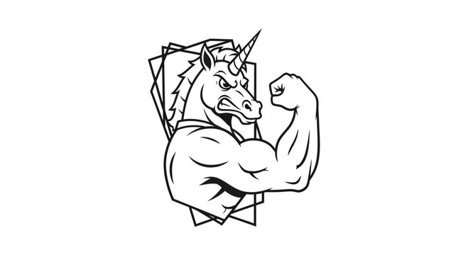 Mighty Unicorn Flexing Biceps, Symbol of Strength, Fantasy Creature, Muscular Mythical Animal