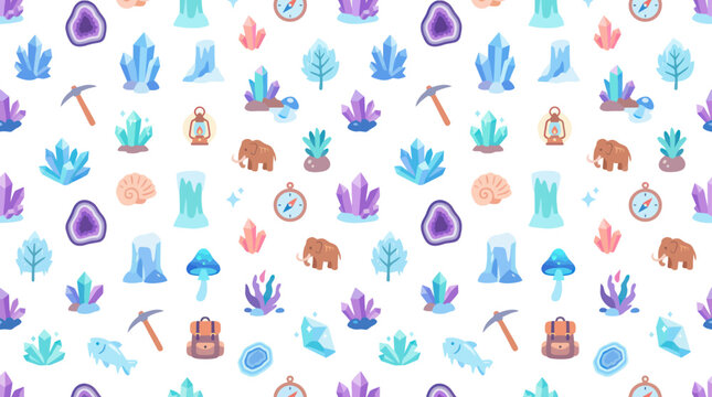 Geology and Nature Exploration Flat Illustration Seamless Pattern with Crystals, Geodes, Mammoths, and Tools