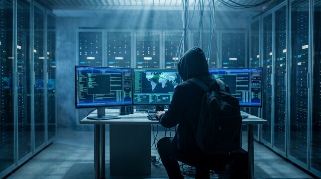 A photorealistic rear-view of a hooded cybersecurity professional working in a futuristic data center filled with multiple computer monitors displaying abstract code interfaces, network analytics