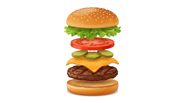 Deconstructed Burger Components Vector Bun Beef Cheese Lettuce Tomato