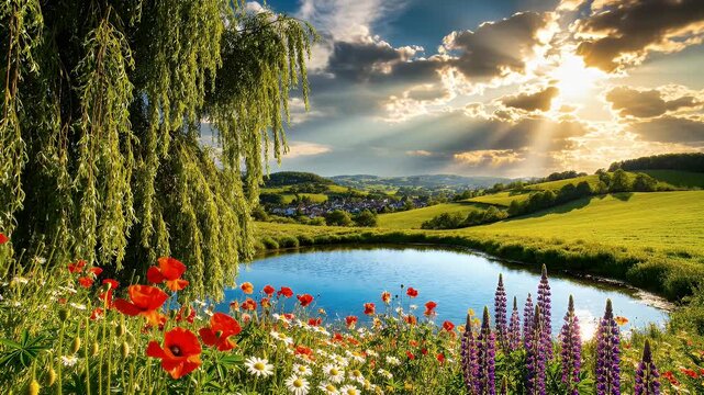 Sunlit countryside pond framed by weeping willows, wildflowers, and rolling hills at sunset
