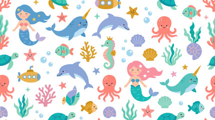 Obraz premium Cute Cartoon Seamless Pattern with Mermaids, Sea Creatures, and Underwater World Elements - Flat Illustration for Kids