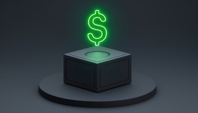 3D illustration of a matte dark charcoal grey minimalist safe box with a glowing neon green dollar currency icon on a dark podium, finance and crypto concept