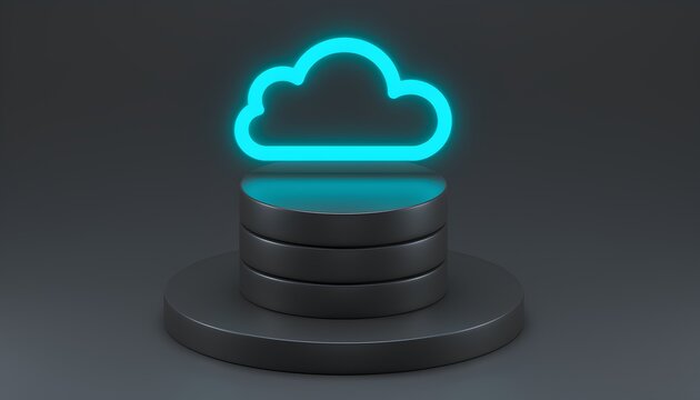 3D illustration of a matte dark charcoal grey minimalist database server with a glowing neon cyan cloud icon on a dark podium, cloud computing concept