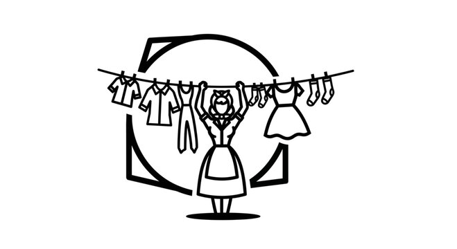 Woman hanging laundry on clothesline with geometric frame, vintage maid style