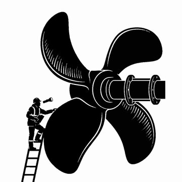 Industrial Worker Inspecting Massive Ship Propeller Blade on Ladder Illustration.