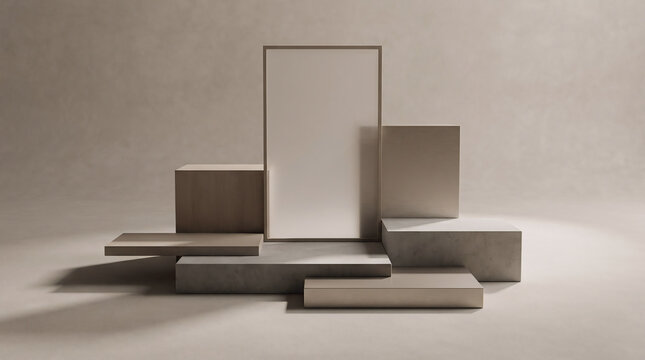 Minimalist pedestal for a premium product apresenta&ccedil;&atilde;o with geometric shapes and neutral earth tones to showcase branding and luxury items elegantly