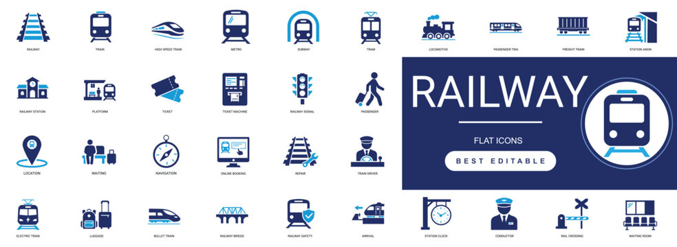 railway solid icon set. railway, train, station, track, subway, travel, railroad, transport locomotive ticket cargo. solid vector editable icons collection.