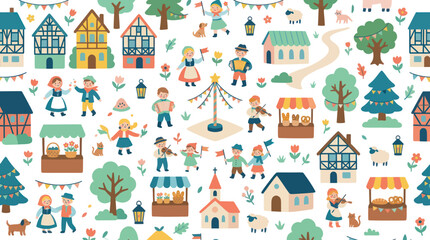 Naklejka premium Flat style illustration of German village festival with people, houses, and stalls
