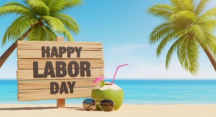 Happy labor day beach getaway with palm trees and refreshing coconut drink