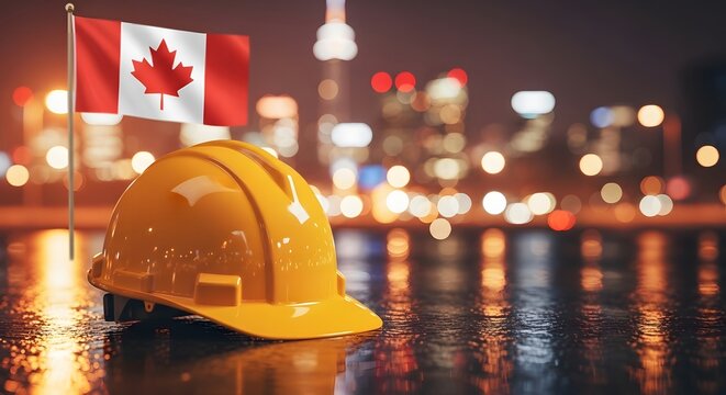 Happy labor day canadian construction worker safety with city skyline